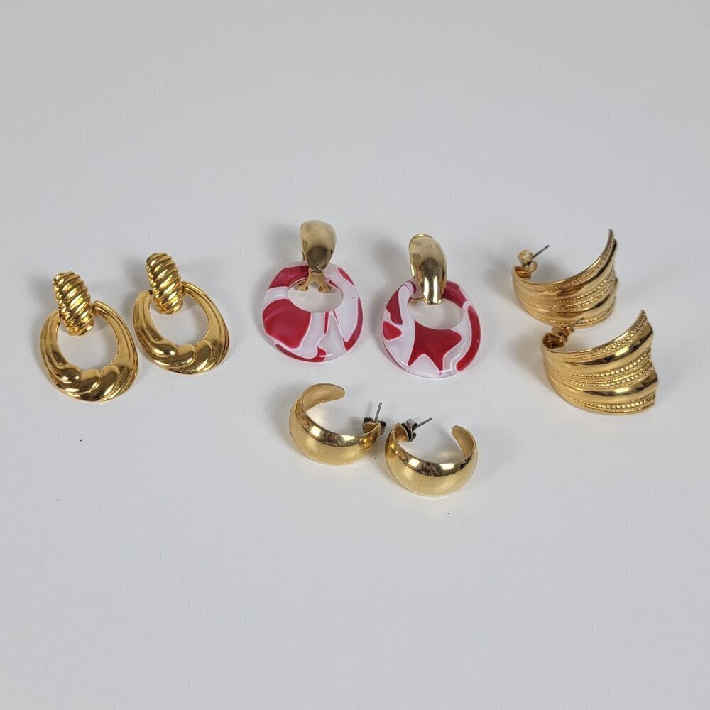 Vtg. Lucite Earrings Red White Marbled Lucite Gold Tone Earrings Lot Of 4-Pairs